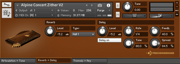 precision sound alpine concert zither GUI reverb delay